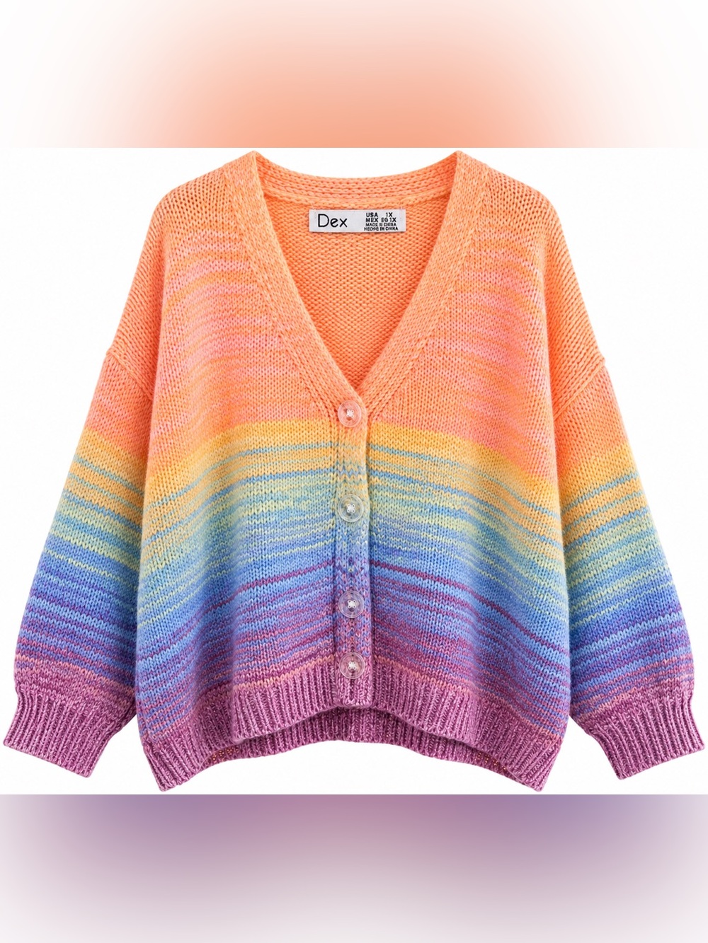 Dex Rainbow Gradient V-Neck Button Cardigan - Pastel Peach to Purple